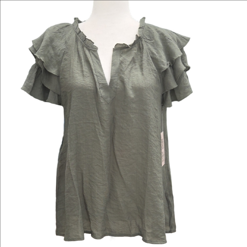 Elegant Olive Ruffle Sleeve Blouse